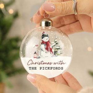 Personalised Traditional Snowman Glass Christmas Tree Bauble