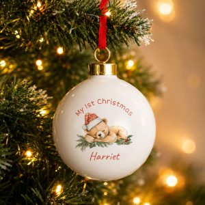 Personalised Sleepy Christmas Bear Ceramic Tree Bauble