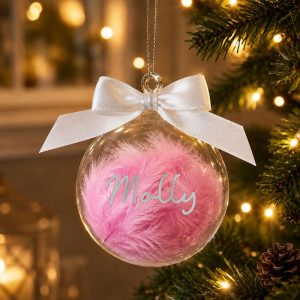 Personalised Pink Feather Name Glass Tree Bauble With Ribbon