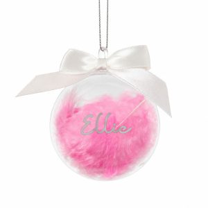 Personalised Pink Feather Name Glass Tree Bauble With Ribbon