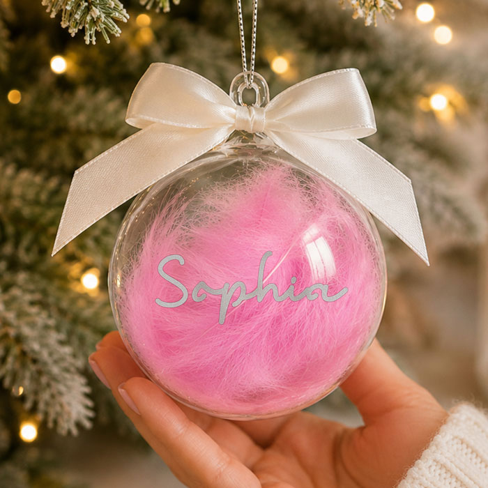 Personalised Pink Feather Name Glass Tree Bauble With Ribbon