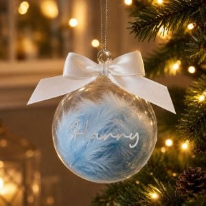 Personalised Blue Feather Name Glass Tree Bauble With Ribbon