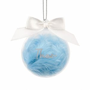 Personalised Blue Feather Name Glass Tree Bauble With Ribbon