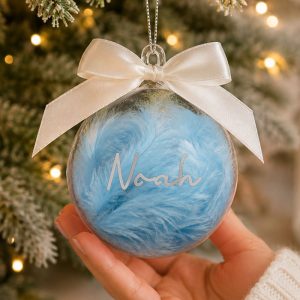 Personalised Blue Feather Name Glass Tree Bauble With Ribbon