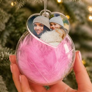 Personalised Photo Upload Pink Feather Glass Tree Bauble