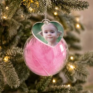 Personalised Photo Upload Pink Feather Glass Tree Bauble