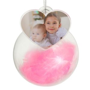 Personalised Photo Upload Pink Feather Glass Tree Bauble