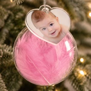 Personalised Photo Upload Pink Feather Glass Tree Bauble