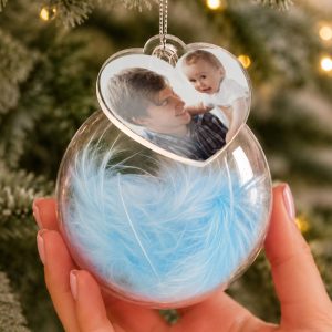Personalised Photo Upload Blue Feather Glass Tree Bauble