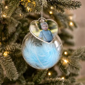Personalised Photo Upload Blue Feather Glass Tree Bauble