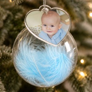 Personalised Photo Upload Blue Feather Glass Tree Bauble