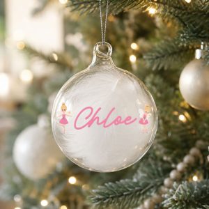 Personalised Pink Fairy White Feather Christmas Tree Bauble