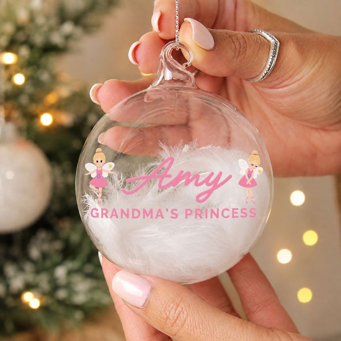 Personalised Pink Fairy White Feather Christmas Tree Bauble