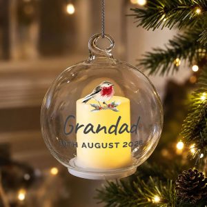 Personalised Robin Memorial LED Candle Christmas Tree Bauble