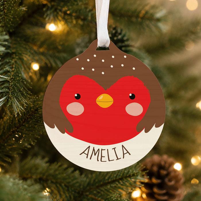 Personalised Robin Wooden Christmas Tree Bauble