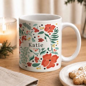 Personalised Poinsettia Pattern Ceramic Christmas Mug