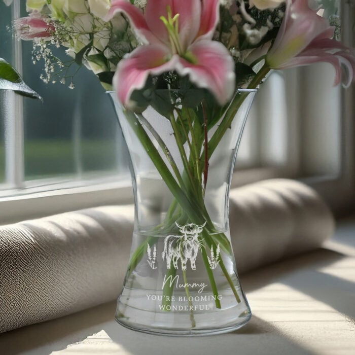 Personalised Highland Cow Glass Flower Vase