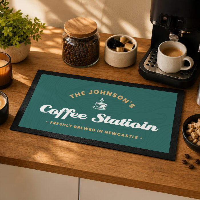 Personalised Green Coffee Drinks Station Mat