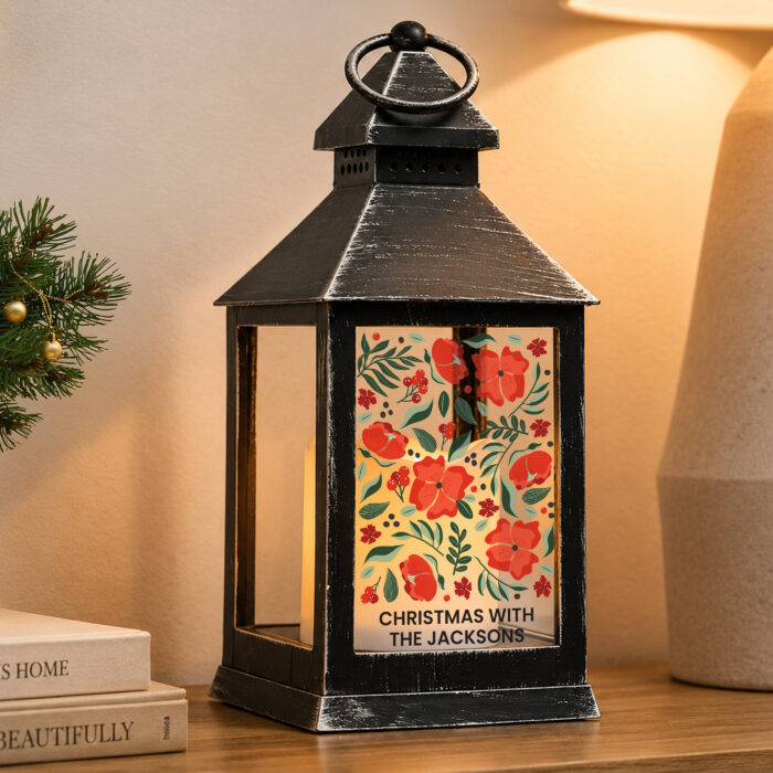 Personalised Poinsettia Black LED Christmas Lantern