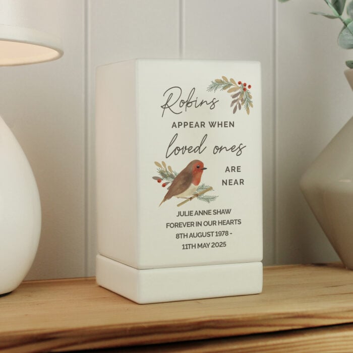 Personalised Robins Appear Small Wooden Memorial Urn