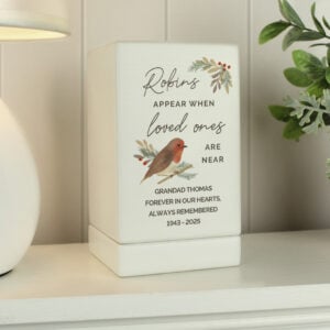 Personalised Robins Appear Small Wooden Memorial Urn