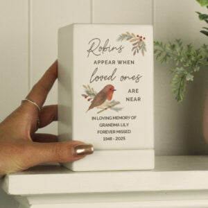 Personalised Robins Appear Small Wooden Memorial Urn