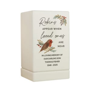 Personalised Robins Appear Small Wooden Memorial Urn