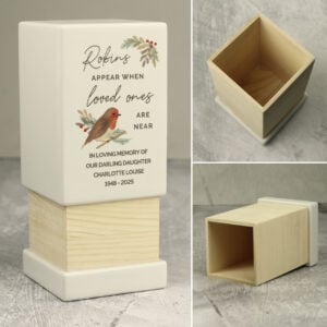 Personalised Robins Appear Small Wooden Memorial Urn