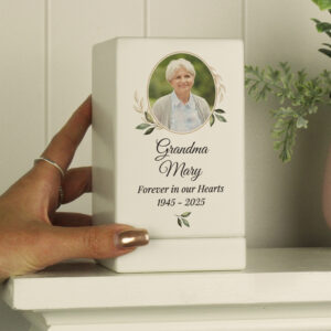 Personalised Photo Upload Small Wooden Memorial Urn