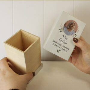 Personalised Photo Upload Small Wooden Memorial Urn