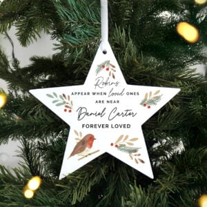Personalised Robin Memorial Wooden Star Ornament