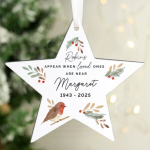 Personalised Robin Memorial Wooden Star Ornament