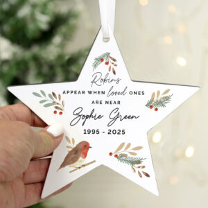 Personalised Robin Memorial Wooden Star Ornament