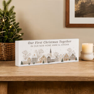 Personalised Christmas House Scene Wooden Mantle Block Decoration