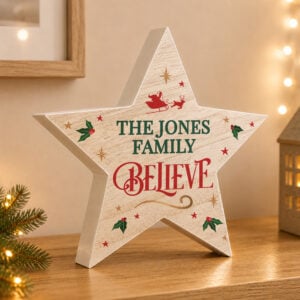 Personalised Believe Wooden Christmas Star Ornament