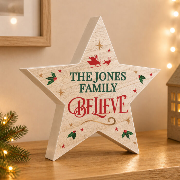 Personalised Believe Wooden Christmas Star Ornament