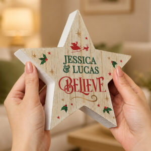 Personalised Believe Wooden Christmas Star Ornament