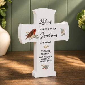 Personalised Robin Memorial Wooden Cross Ornament