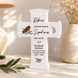 Personalised Robin Memorial Wooden Cross Ornament