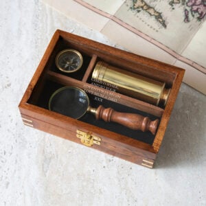 Personalised Classic Brass Explorer Gift Set In Wooden Box