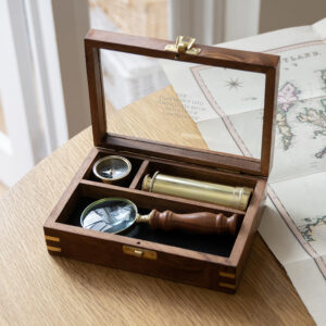 Personalised Classic Brass Explorer Gift Set In Wooden Box