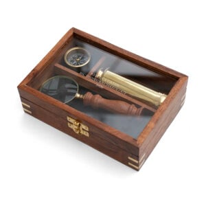 Personalised Classic Brass Explorer Gift Set In Wooden Box