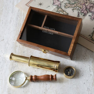 Personalised Classic Brass Explorer Gift Set In Wooden Box